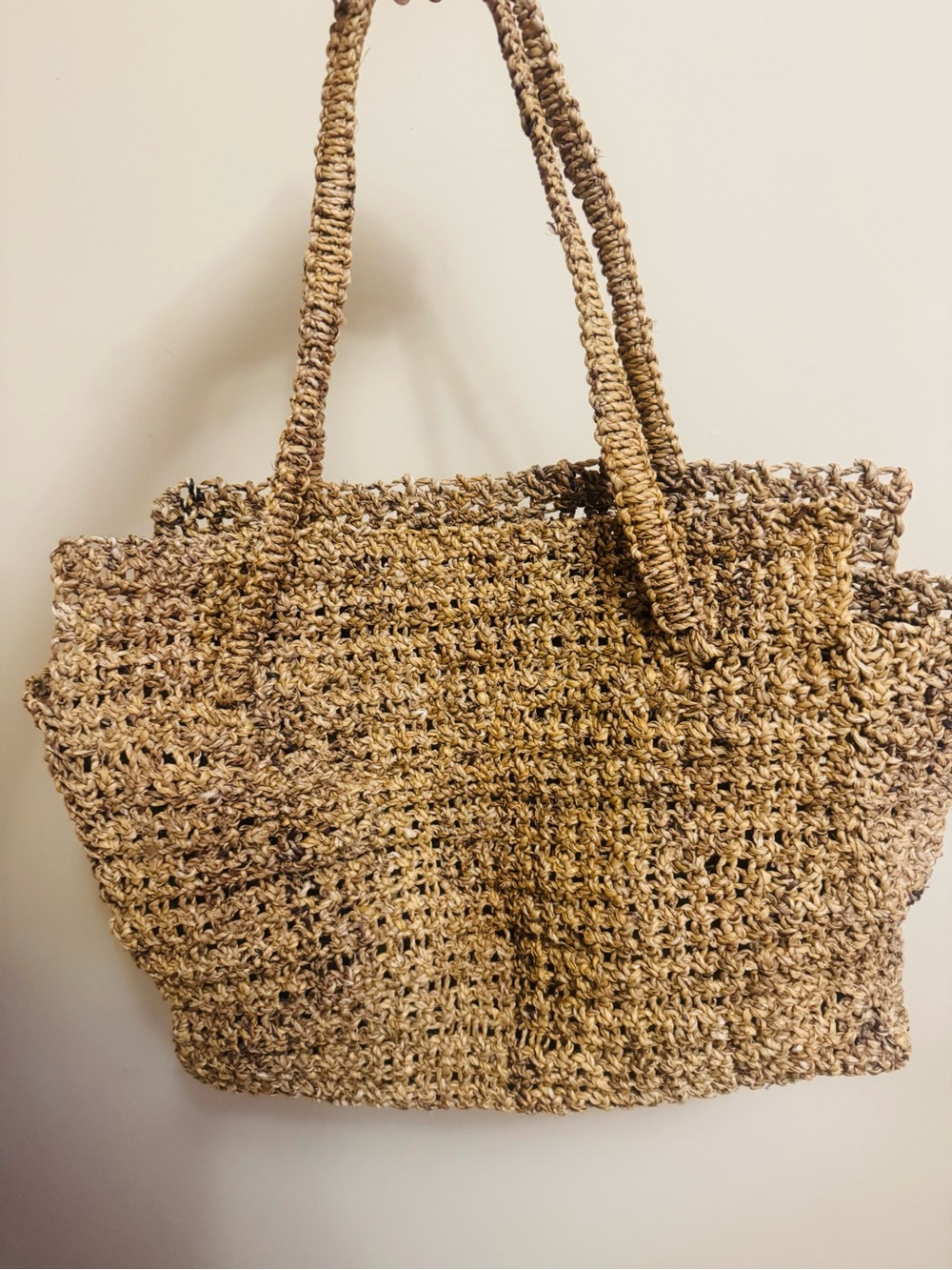 Woven Straw Macramé Tote Bag in Natural Tan